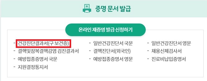 보건증 인터넷 발급 화면